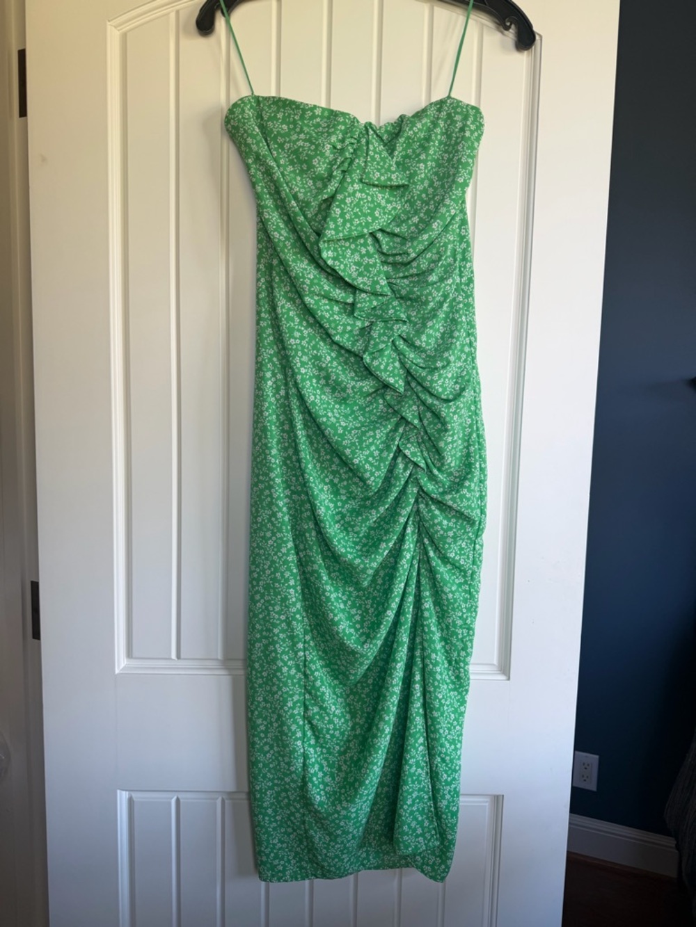 Likely Green Floral Ruched Strapless Midi Dress